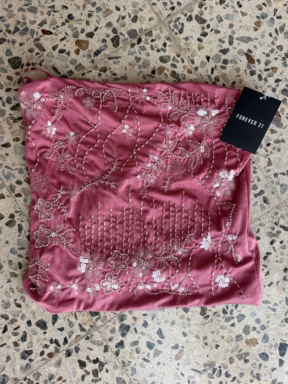 Forever 21 Pink Sequin Floral Strapless Top